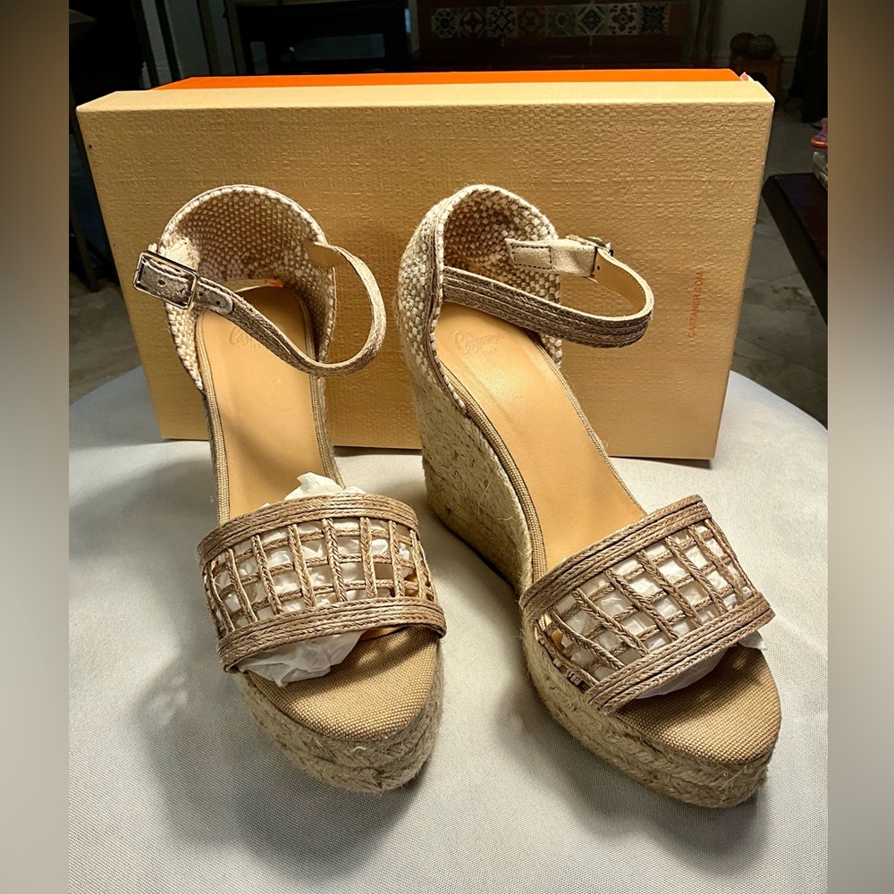 Tan Espadrille Wedge Sandals with Ankle Strap - Women